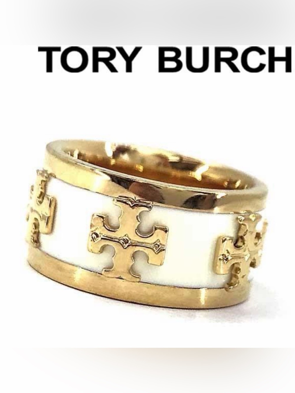 Tory Burch Gold and White Enamel Logo Band Ring Sz 7 AUTHENTIC